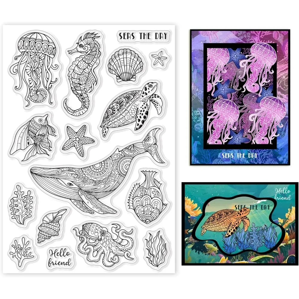 Clear Silicone Stamps For Card Making - Прозрачные штампы Ocean Life, морские киты,